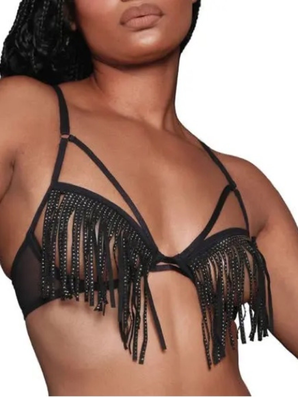 LOVE, VERA LOVE BRA OPEN CUP FRINGE WITH RHINESTONES BLACK SIZE SMALL NWOT